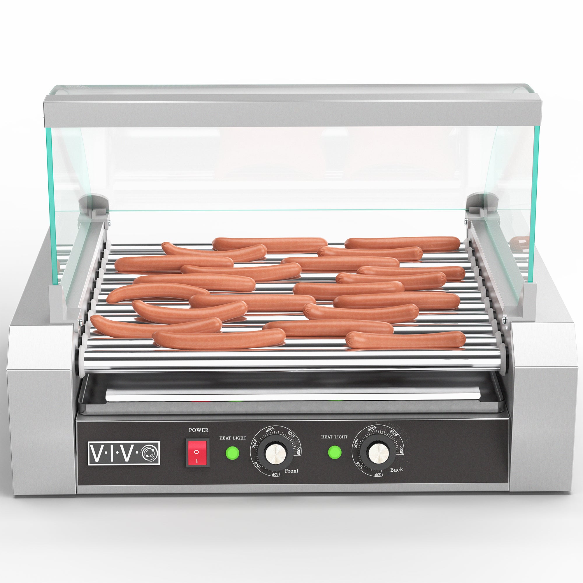 Eleven-roller hotdog machine with sanitation hood.