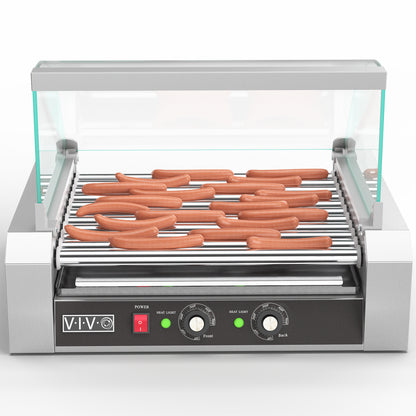 Eleven-roller hotdog machine with sanitation hood.