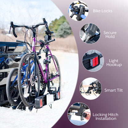 A black hitch bike rack with taillights and a license plate holder attached to the rear of a vehicle.