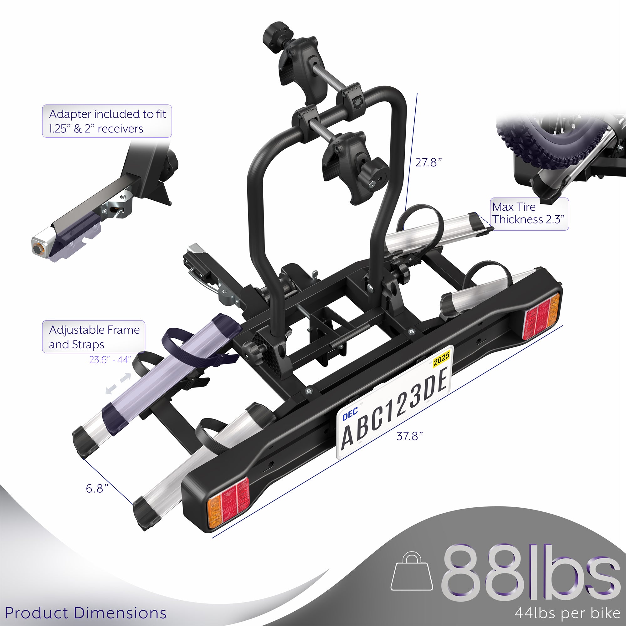 Specifications and measurements for collapsible bike hitch rack