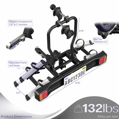 Adjustable Hitch Bike Rack with Taillights and License Plate Holder