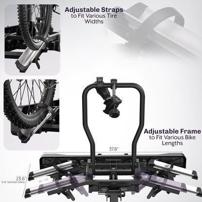 A black hitch bike rack with taillights and a license plate holder attached to the rear of a vehicle.