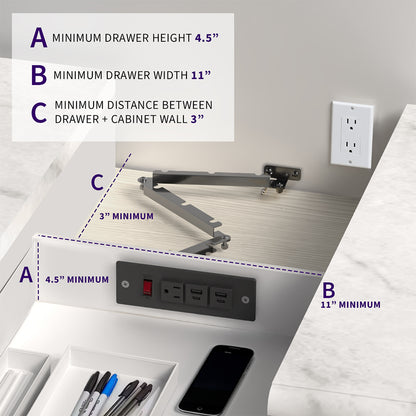 In-drawer changing station with AC outlet and USB ports.