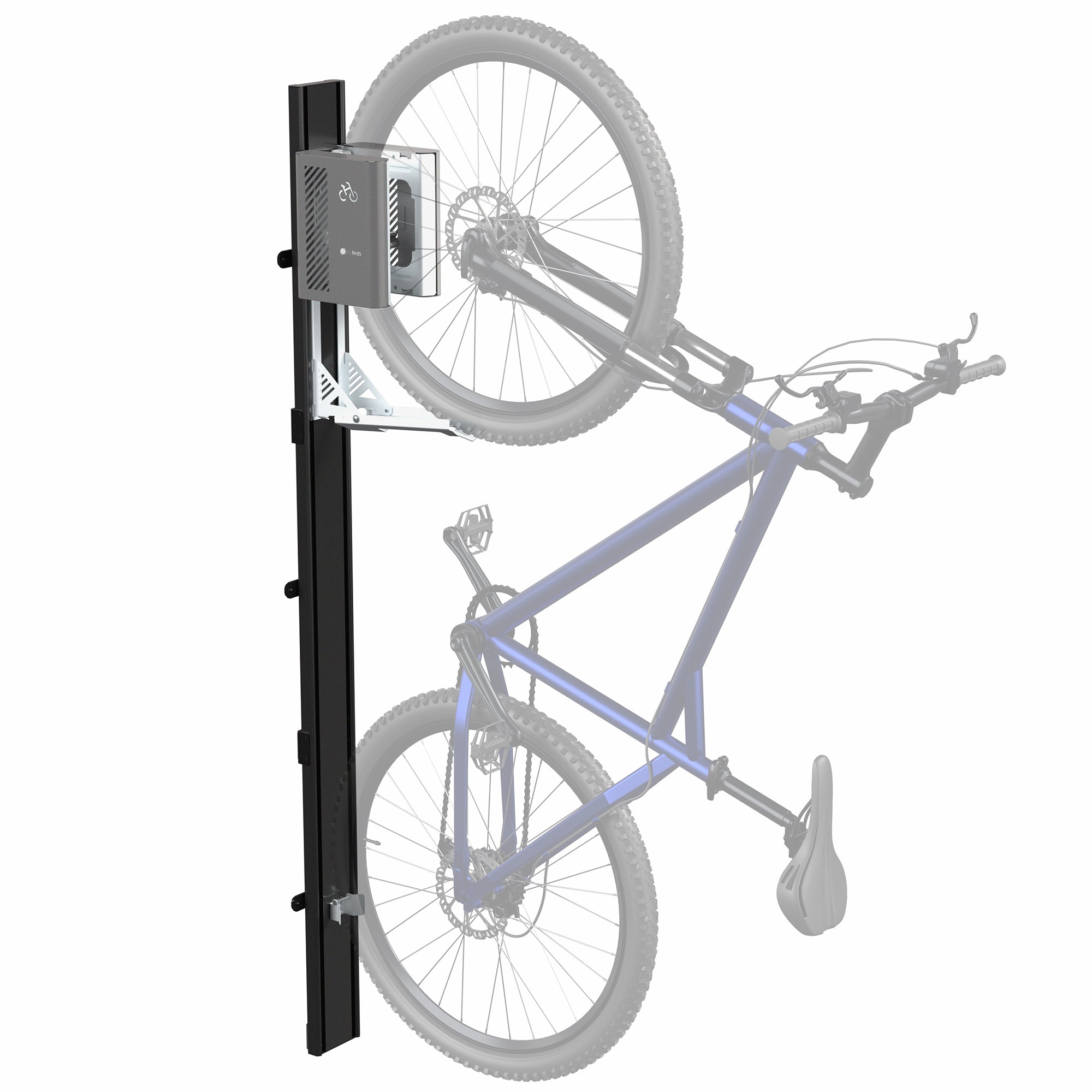 Wall mounted bike rack with mechanical lift, in black color, holding a blue bicycle.
