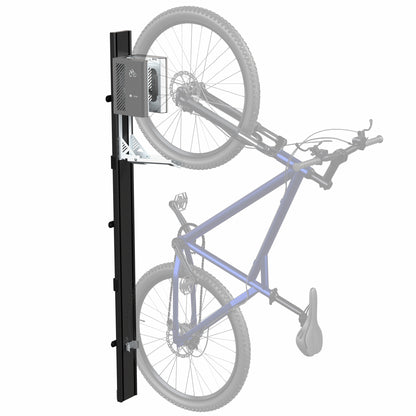 Wall mounted bike rack with mechanical lift, in black color, holding a blue bicycle.