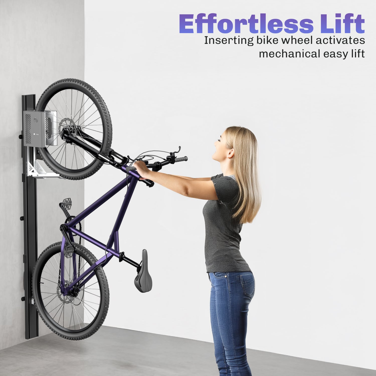 Woman mounting a purple bike on a mechanical bike rack with text displaying effortless lifting feature. 