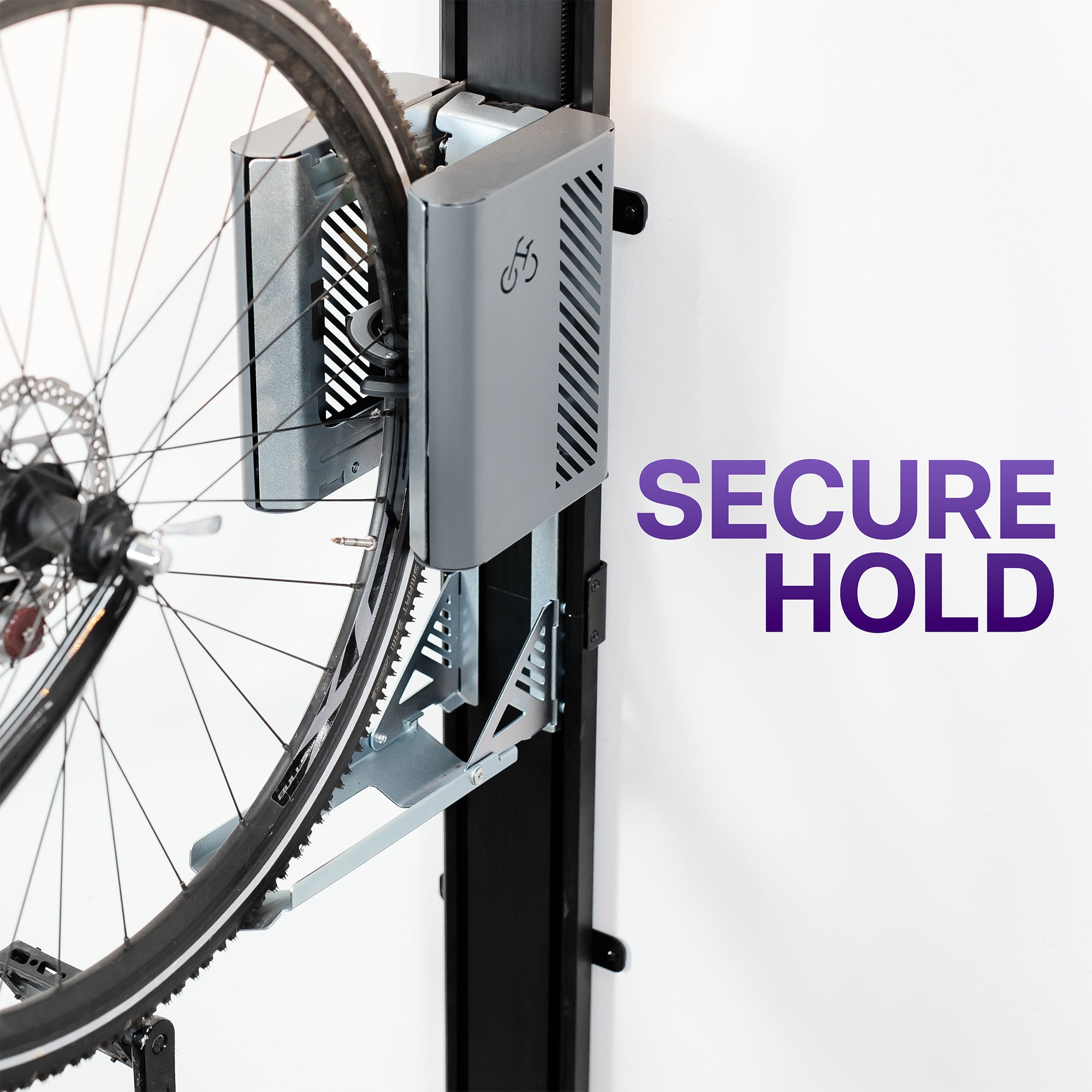 Wall mounted bike rack with secure holding feature highlighted with text on a white background. 