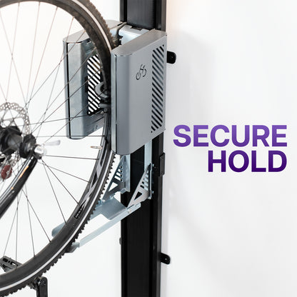 Wall mounted bike rack with secure holding feature highlighted with text on a white background. 