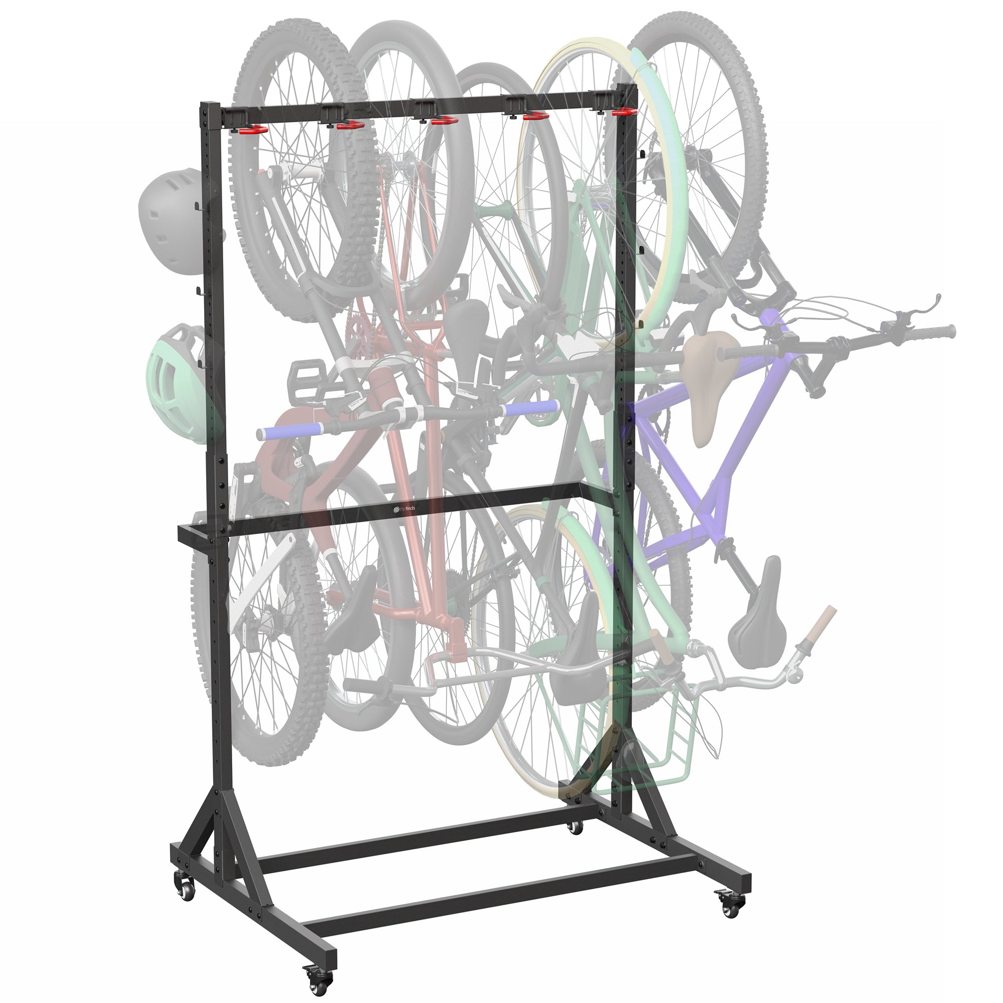 Bicycle rack holding multiple bicycles on a white background