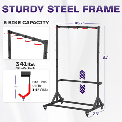 Sturdy steel frame with bike capacity and dimensions displayed on a white background