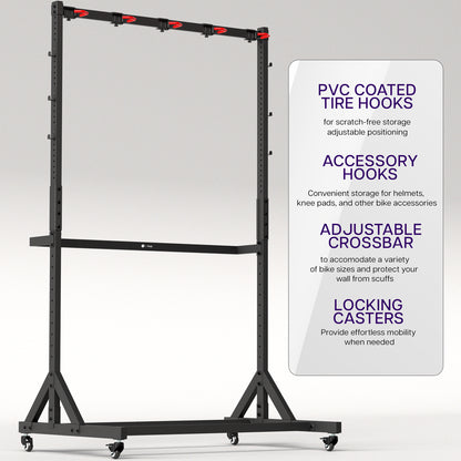 Black metal bike storage rack with adjustable crossbar and tire hooks on a white background