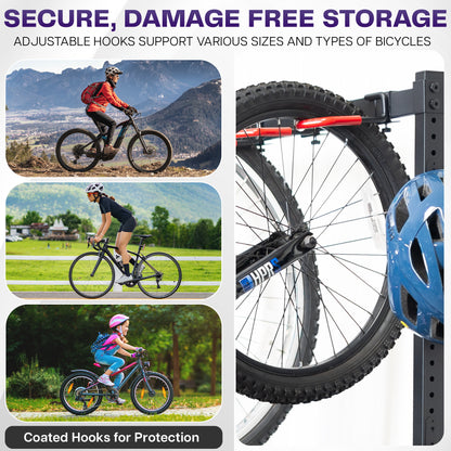 Bicycle storage system with hooks and images of people riding bikes outdoors.