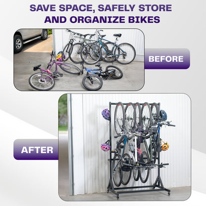 Before and after comparison of bicycles stored with a bike rack.