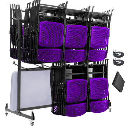 Purple chairs on a black cart with accessories on a white background