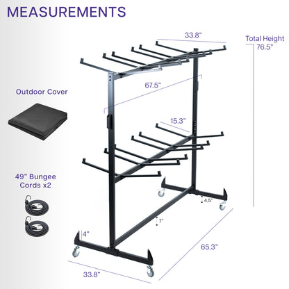 Measurement chart of a black outdoor cover rack with wheels, bungee cords, and a cushion on a white background.