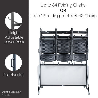 Folding chair and table storage rack with height adjustable lower rack and pull handles.