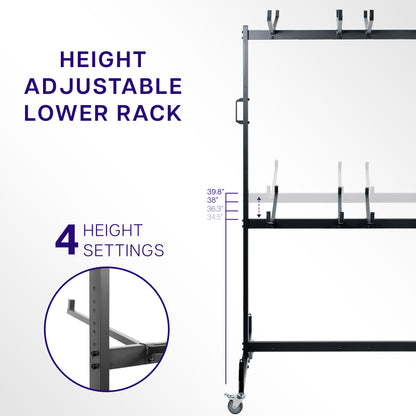 Height adjustable lower rack with measurement details on a white background