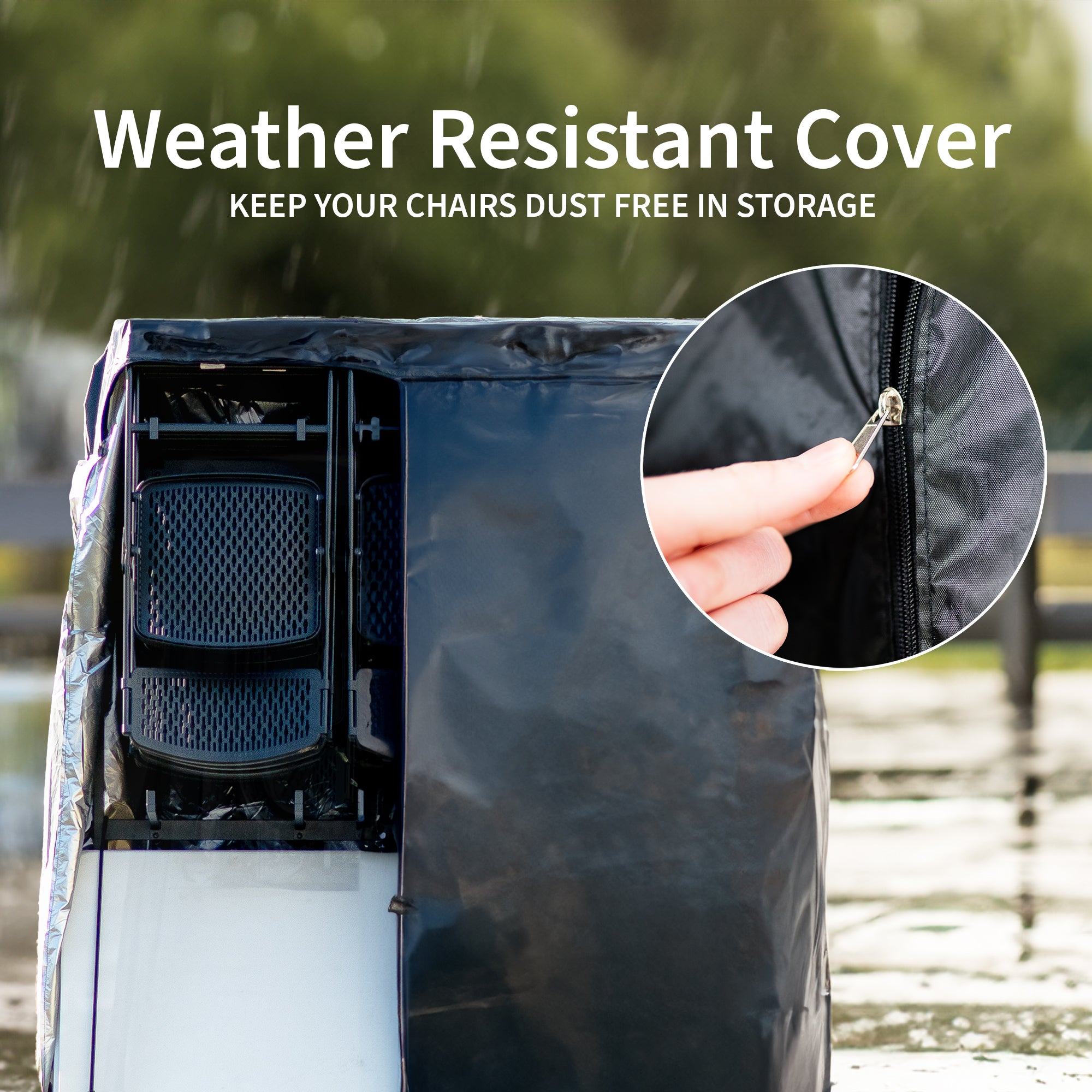 Weather resistant cover for chairs with a close-up of a zipper.