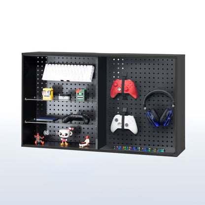 Pegboard cabinet with sliding glass doors for convenient storage and decor. Organization accessories are included and the glass shelves are height adjustable. Use as a freestanding display or wall mount to wood studs, brick, or concrete with hardware and instructions included.