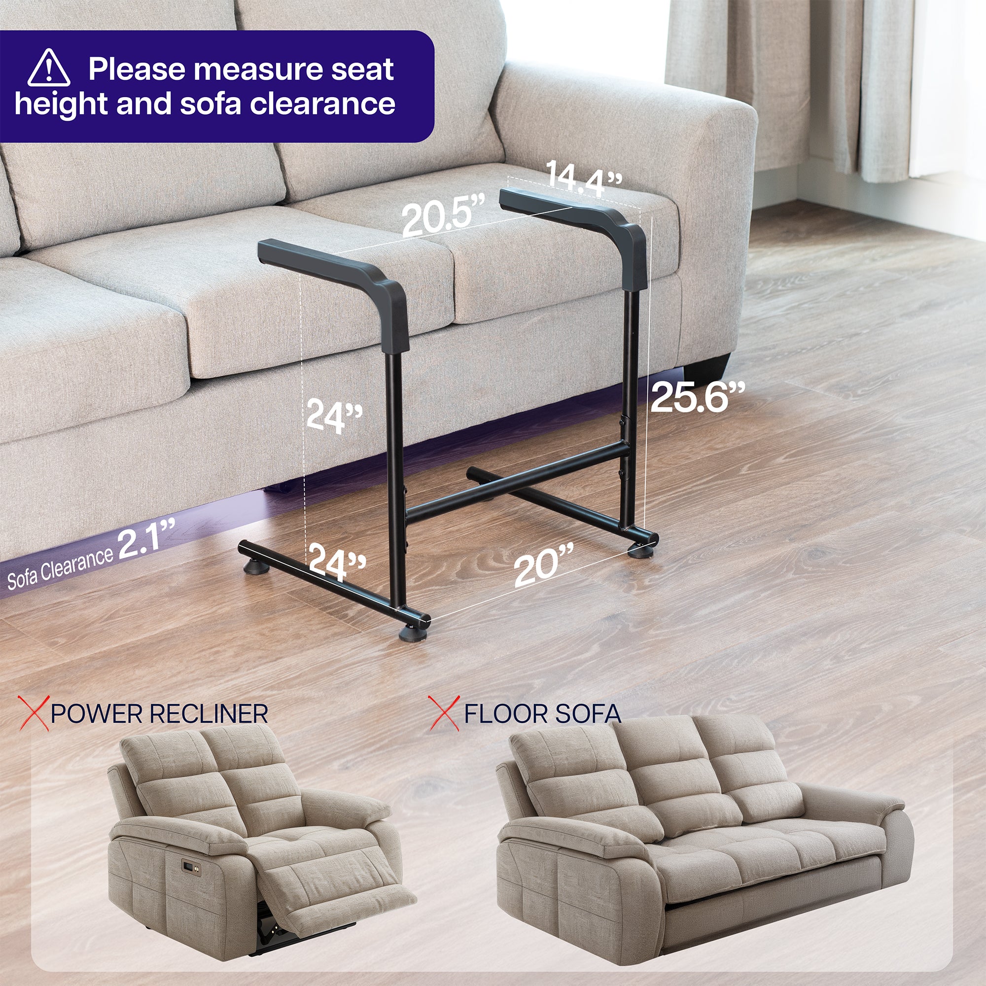 Measurement chart for stand assist grab bar. Not suitable for power recliners or floor sofas.