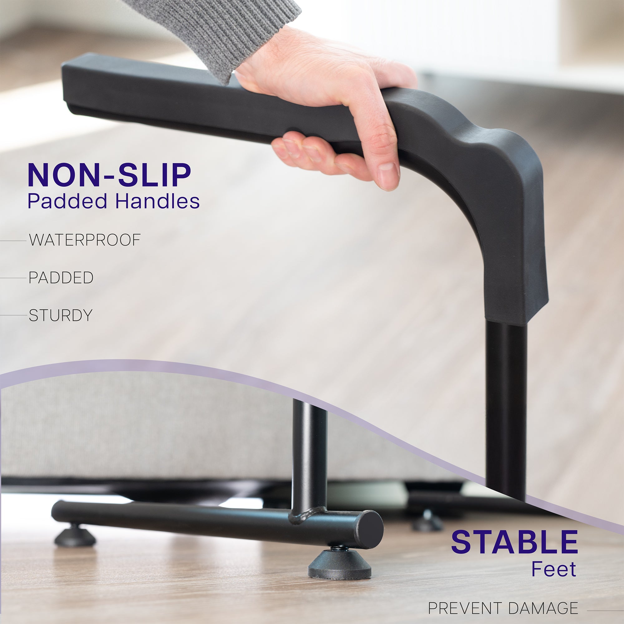 Hand holding an arm of stand assist bar with text highlighting features.