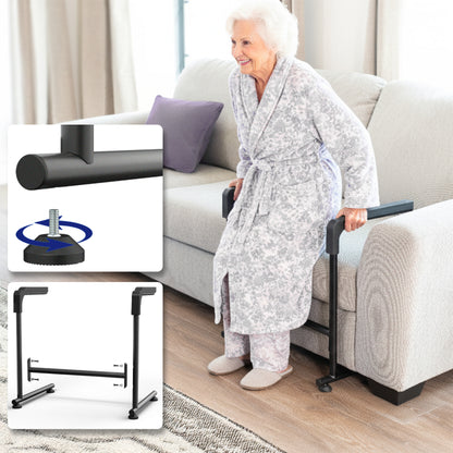 Woman using a standing aid next to a sofa with close-up insets of the product components.