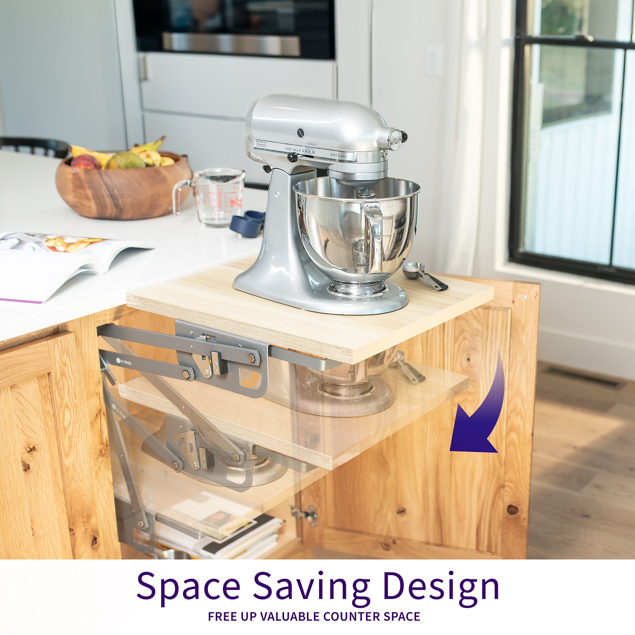 Kitchen appliance lifting brackets for compatible cabinets to save space and allow convenient access and storage for your appliances. (shelf/platform surface not included)
