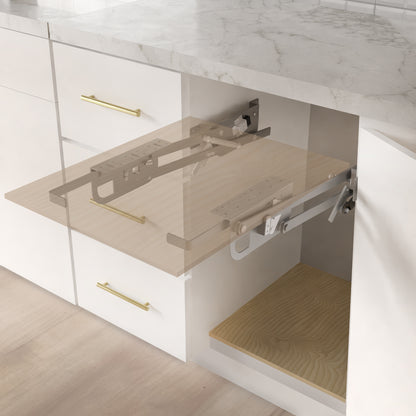 Kitchen appliance lifting brackets for compatible cabinets to save space and allow convenient access and storage for your appliances. (shelf/platform surface not included)