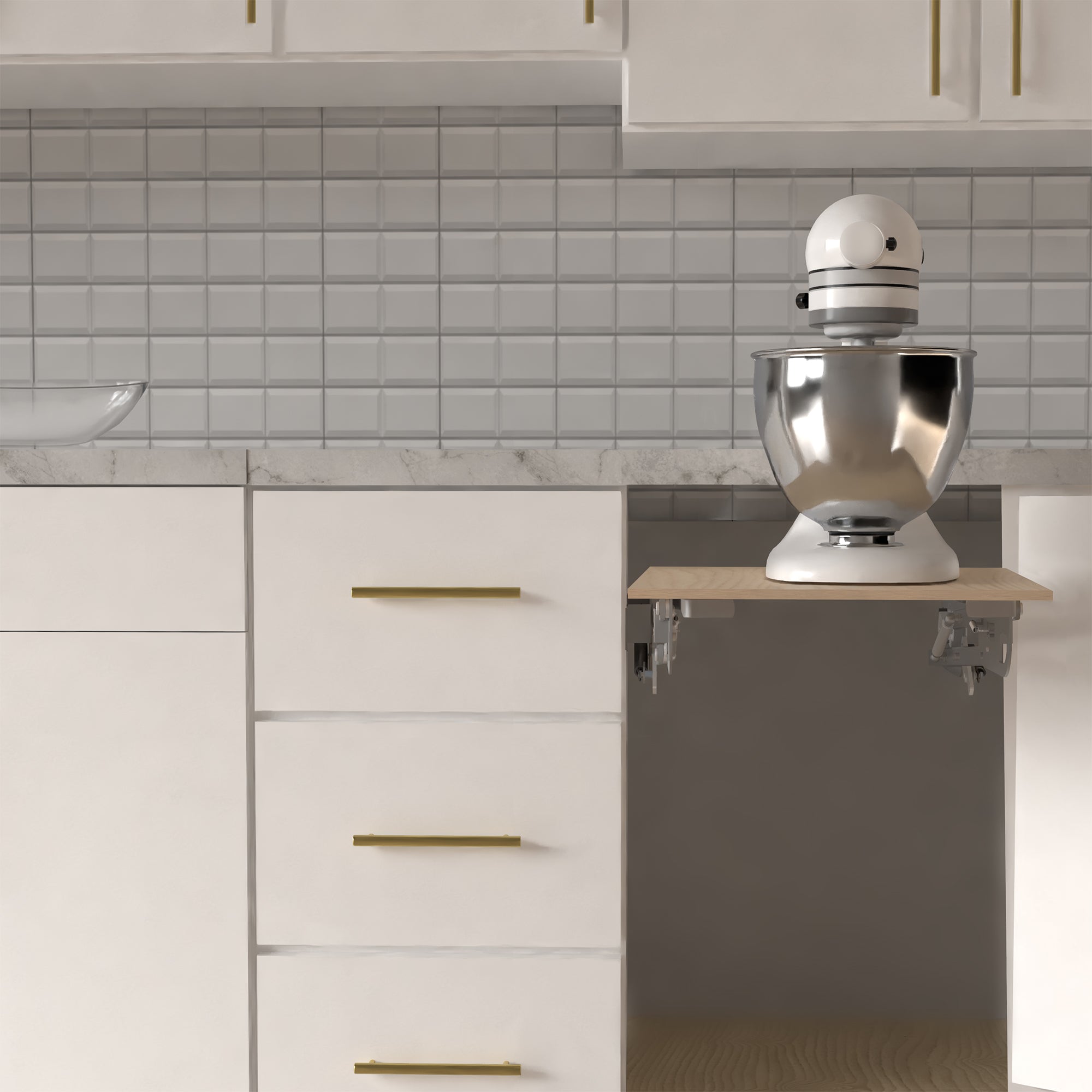 Kitchen appliance lifting brackets for compatible cabinets to save space and allow convenient access and storage for your appliances. (shelf/platform surface not included)