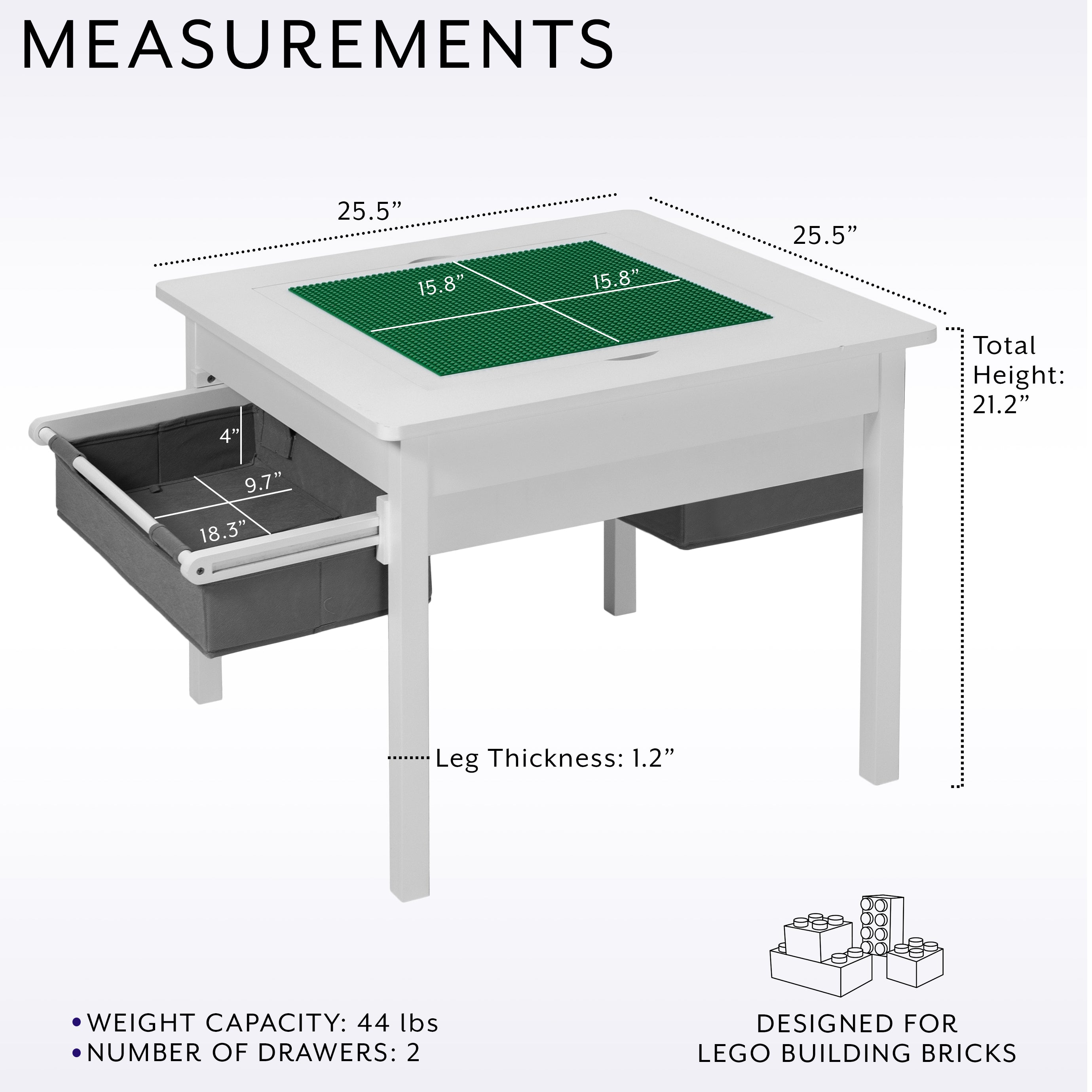 Kids' play table for Lego building bricks with reversible building base top and two pull-out drawers.