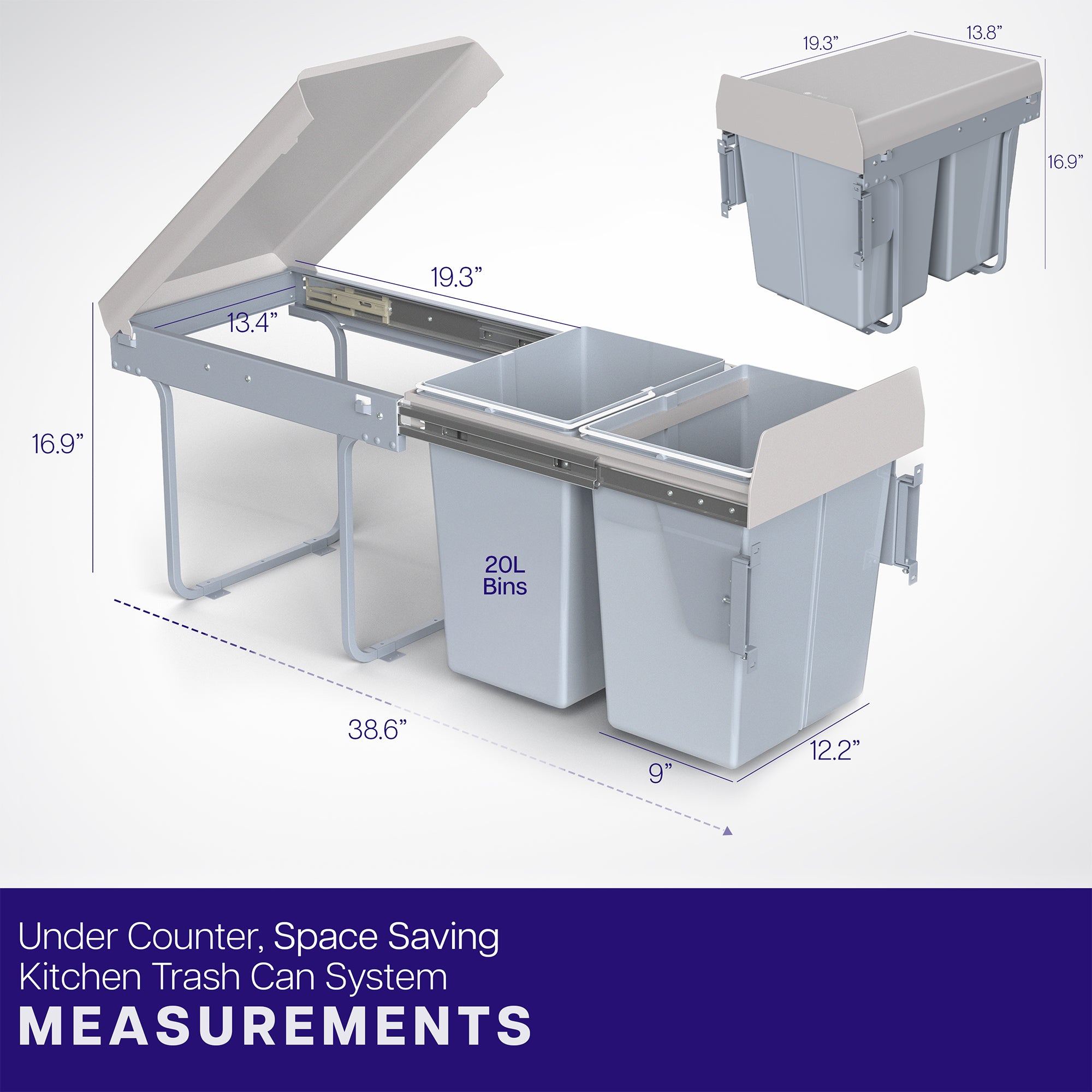 An under-counter dual trash can system with silver containers and a beige lid with measurements listed. 