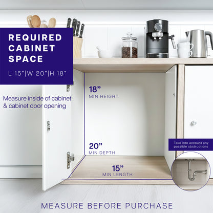 An open cabinet with transparent pipe with text to check cabinet compatibility. 