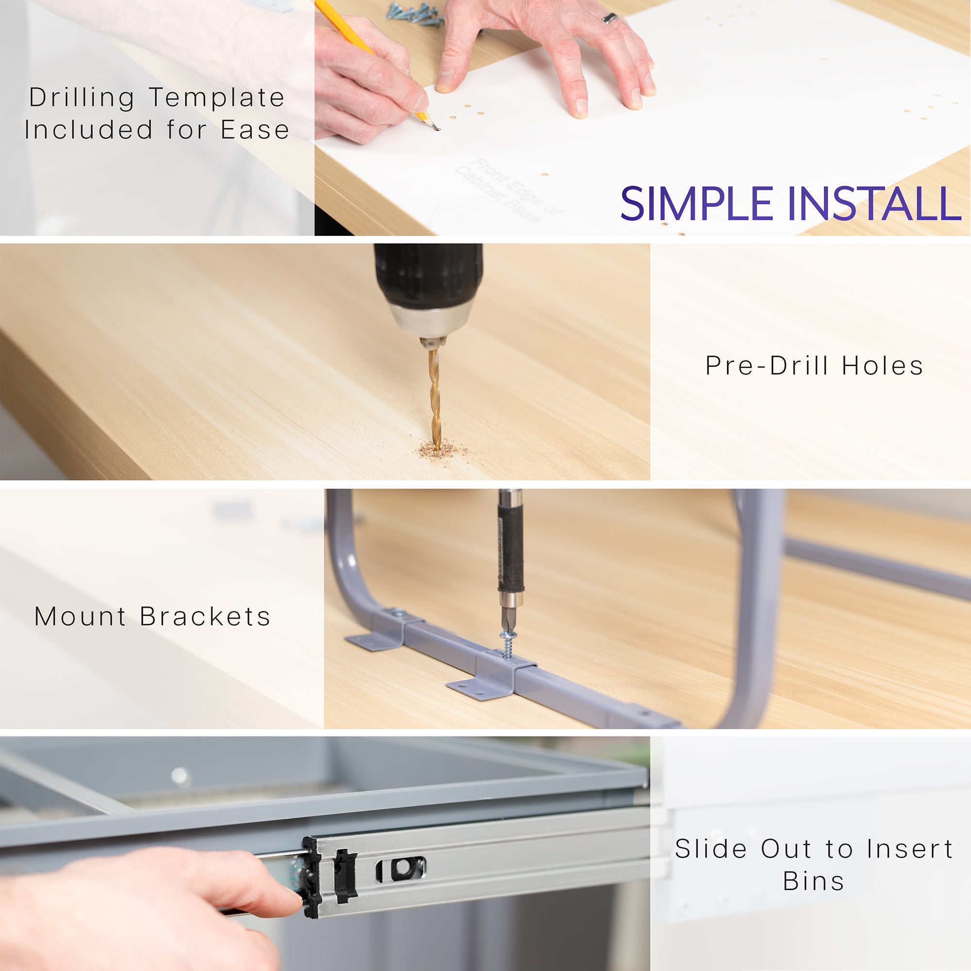 An under-counter dual trash can system with silver containers and a beige lid with text displaying simple installation.