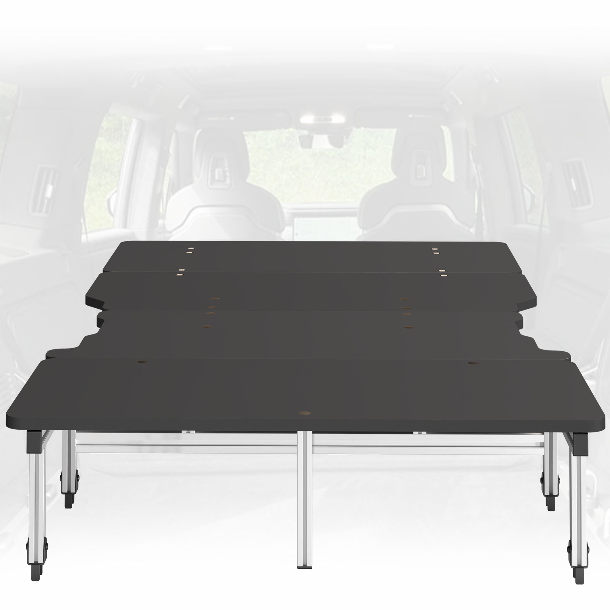 Sleeping platform and storage system designed for all versions of the Rivian R1S. Assemble in minutes and get more space for a wider mattress plus additional storage underneath while still having access to the spare tire well and rear floorboards. Breaks down quickly so you can get back on the road in a flash.