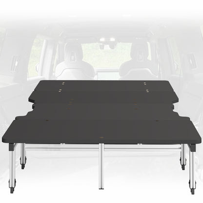 Sleeping platform and storage system designed for all versions of the Rivian R1S. Assemble in minutes and get more space for a wider mattress plus additional storage underneath while still having access to the spare tire well and rear floorboards. Breaks down quickly so you can get back on the road in a flash.