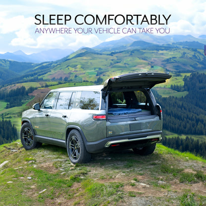 Sleeping platform and storage system designed for all versions of the Rivian R1S. Assemble in minutes and get more space for a wider mattress plus additional storage underneath while still having access to the spare tire well and rear floorboards. Breaks down quickly so you can get back on the road in a flash.
