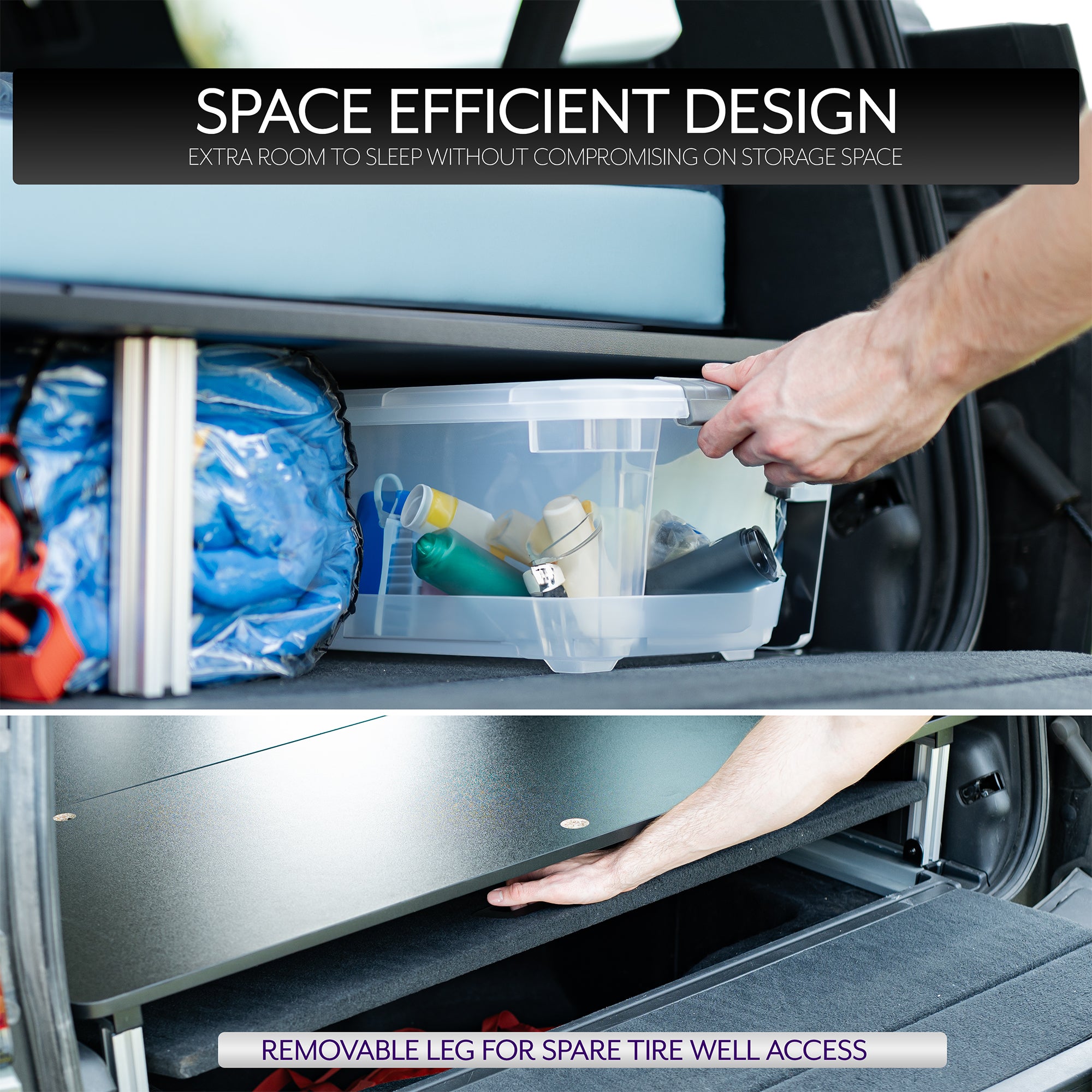 Sleeping platform and storage system designed for all versions of the Rivian R1S. Assemble in minutes and get more space for a wider mattress plus additional storage underneath while still having access to the spare tire well and rear floorboards. Breaks down quickly so you can get back on the road in a flash.