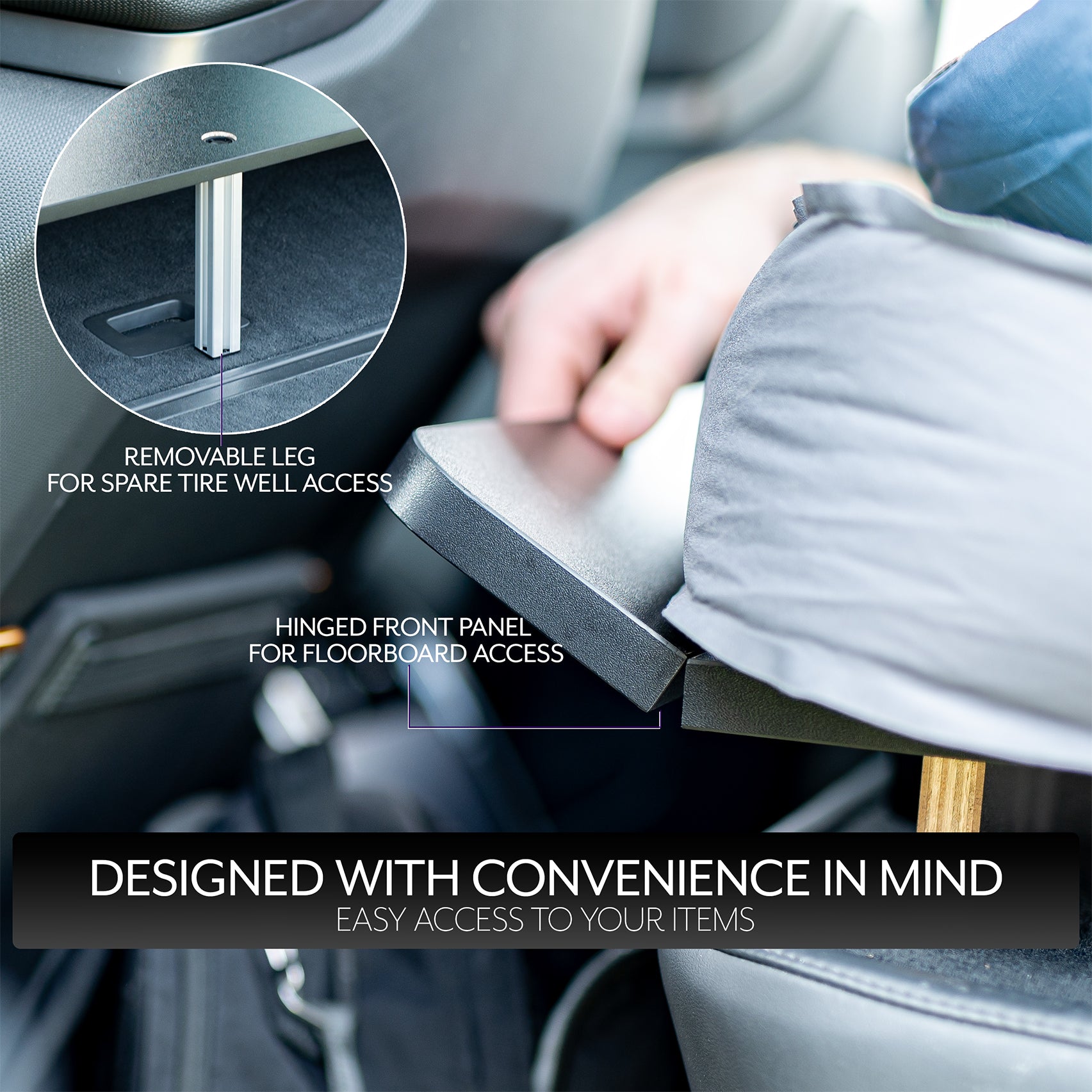 Sleeping platform and storage system designed for all versions of the Rivian R1S. Assemble in minutes and get more space for a wider mattress plus additional storage underneath while still having access to the spare tire well and rear floorboards. Breaks down quickly so you can get back on the road in a flash.