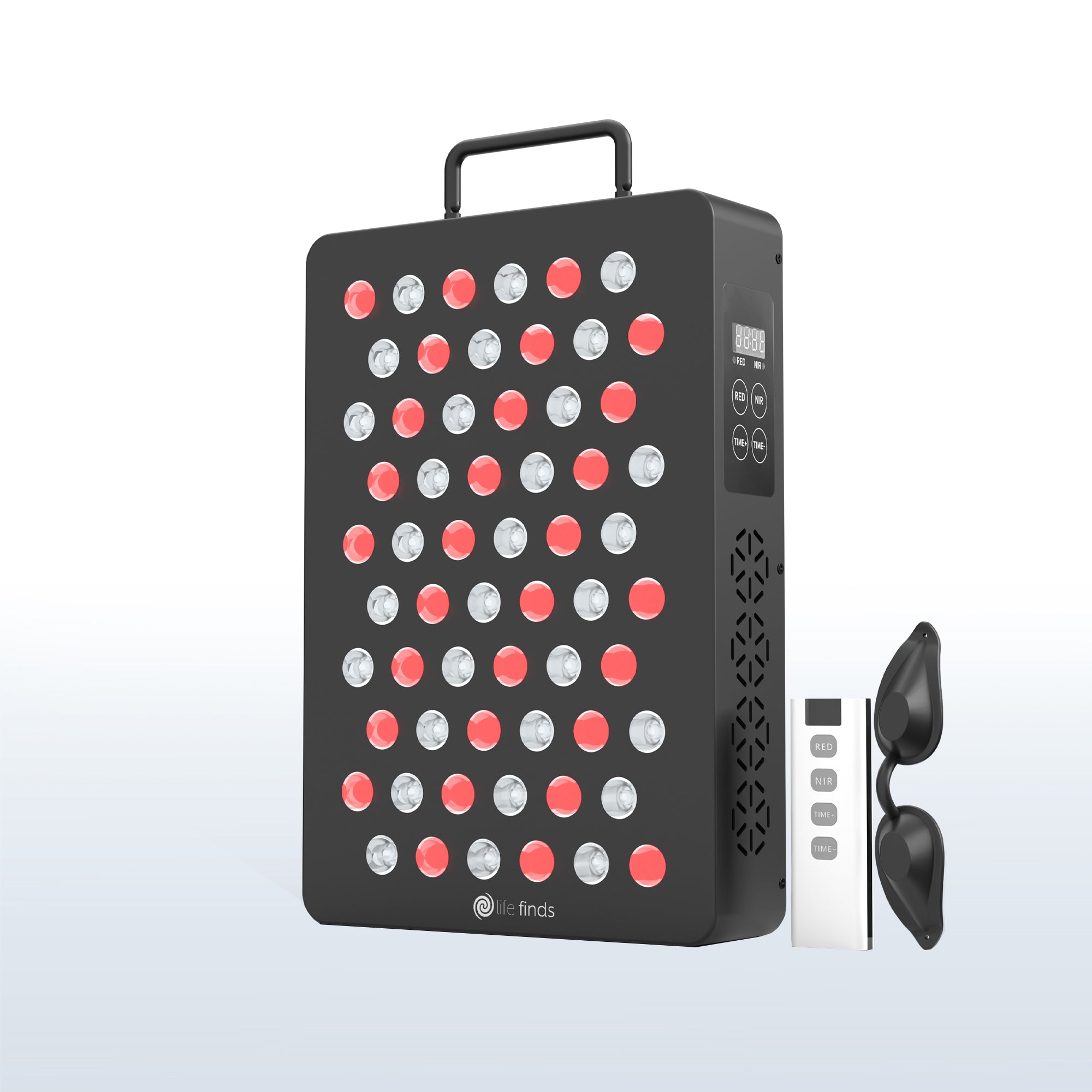 Red light therapy device with red and white LED lights on a light gray background