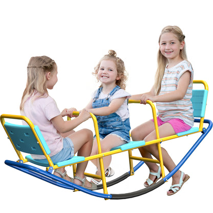 Three children on a colorful seesaw against a white background