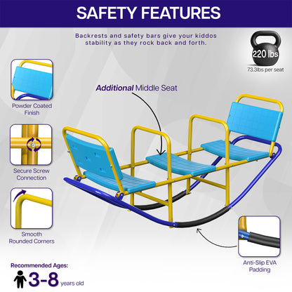Children's  teeter totter with safety features highlighted on a gray background