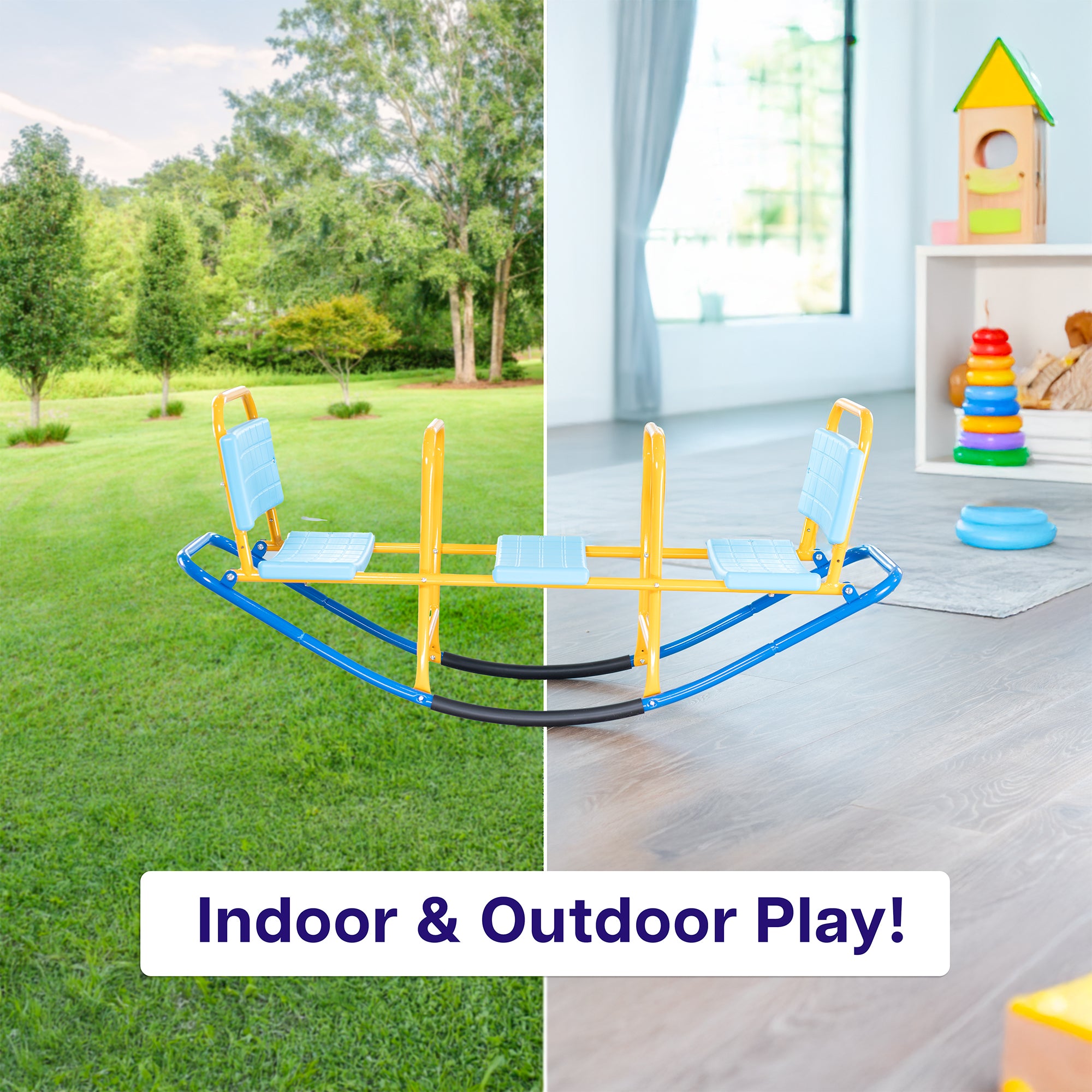 Children's play equipment on grass and indoors with toys.