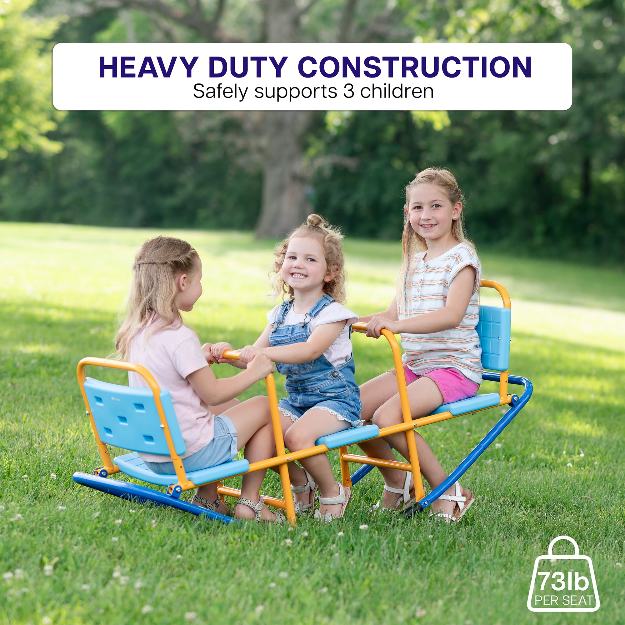 Three children on a colorful, sturdy seesaw in a park