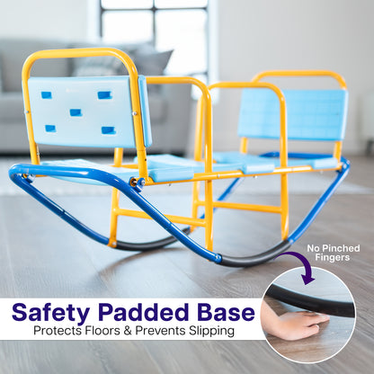 Child's teeter totter with blue and yellow frame on a wooden floor.