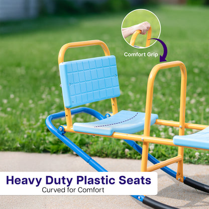 Children's seesaw with blue and yellow seats, featuring a comfort grip on a grassy background.