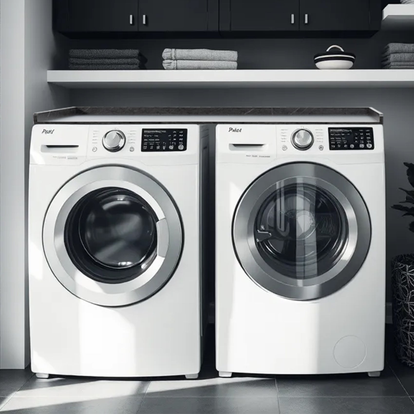 Modern black marble washer / dryer countertop with safety lip to create surface space for convenient storage and organization.