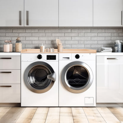 Modern light wood washer / dryer countertop with safety lip to create surface space for convenient storage and organization.