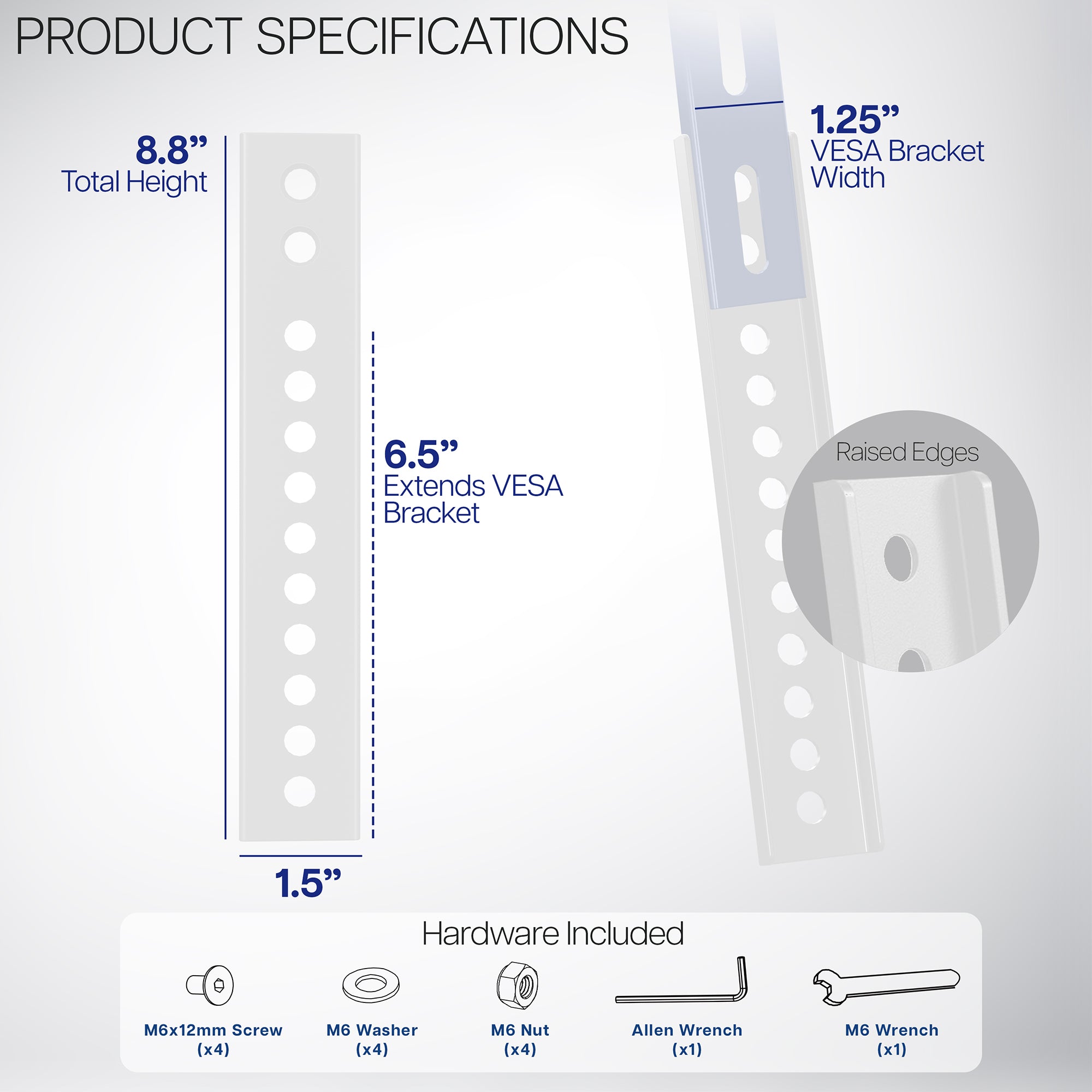 Dimensions and included hardware of two Vesa extender brackets.