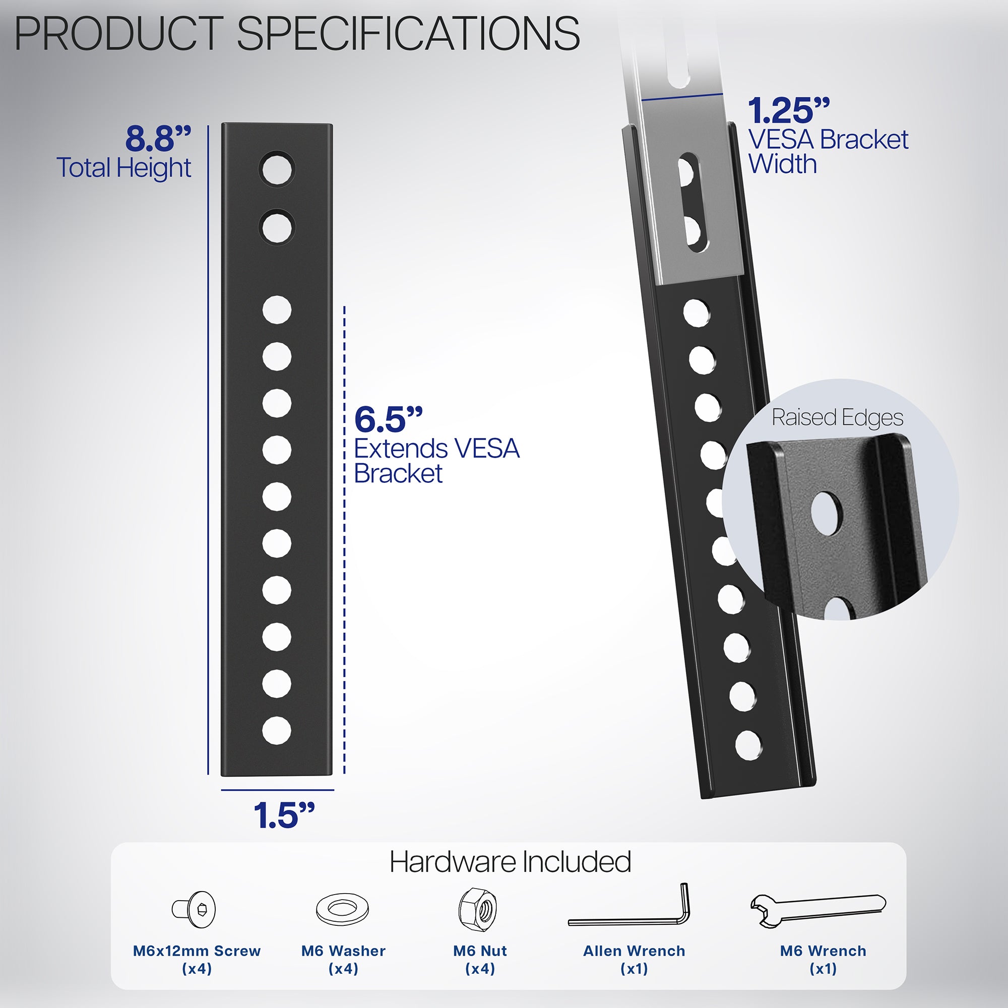 Vertical overhead VESA plate extender brackets.