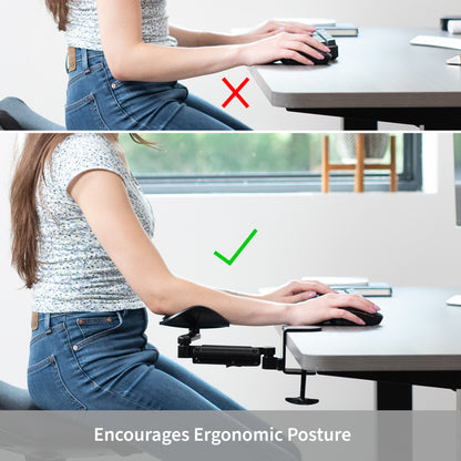 Ergonomic adjustable rotating clamp-on armrest for extra arm support while working.